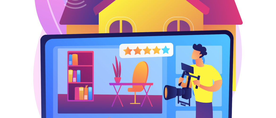 Illustration of a videographer filming a home interior setup with a drone overhead, representing services by a top video production agency in Gurgaon.