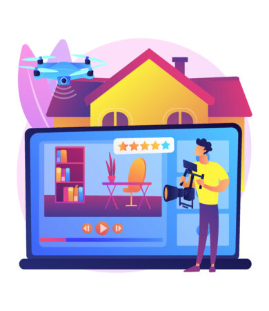 Illustration of a videographer filming a home interior setup with a drone overhead, representing services by a top video production agency in Gurgaon.