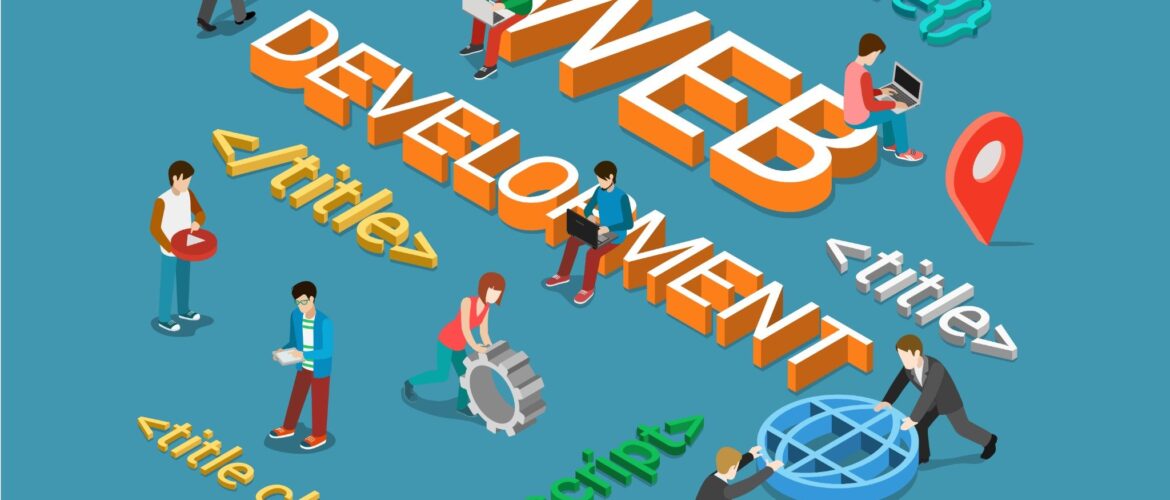 Illustration of people working together on web development with digital tools and large 3D text — best web development company in Gurgaon.