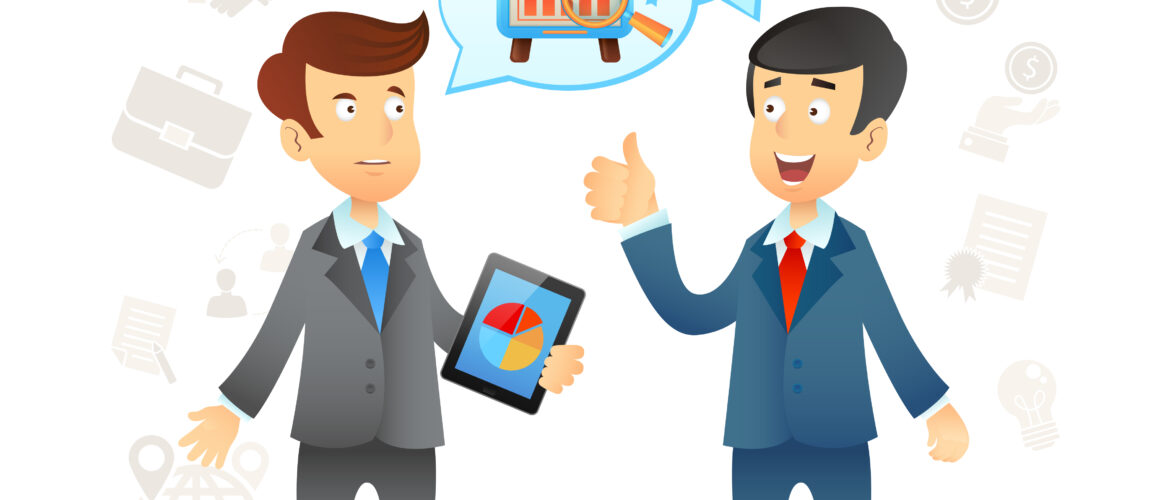 Two animated professionals discussing digital strategy with charts and target icons, representing collaboration with top digital agencies in Gurgaon offering performance marketing and SEO expertise.