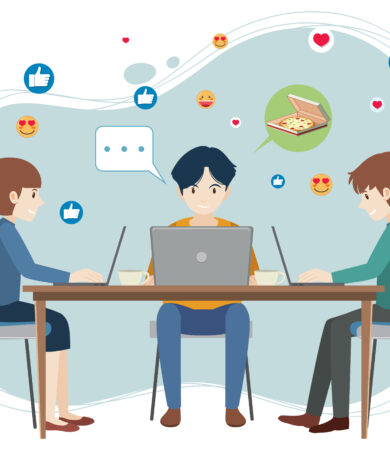 Illustrated team of social media experts collaborating on laptops, sharing ideas and reactions through digital icons.