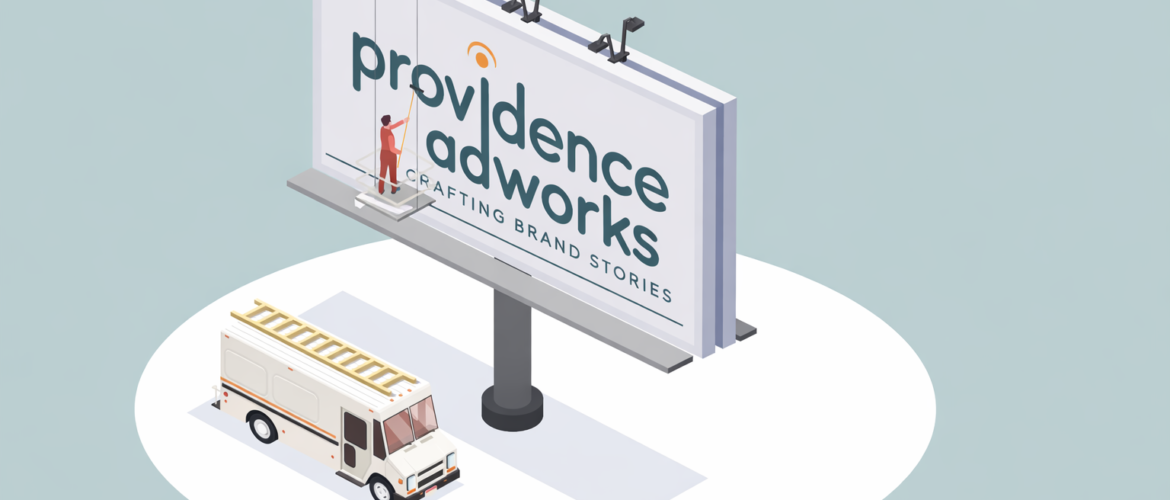 Illustration of a billboard installation by the best outdoor advertising agency in India, showing Providence Adworks branding on a large outdoor hoarding.