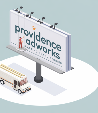 Illustration of a billboard installation by the best outdoor advertising agency in India, showing Providence Adworks branding on a large outdoor hoarding.