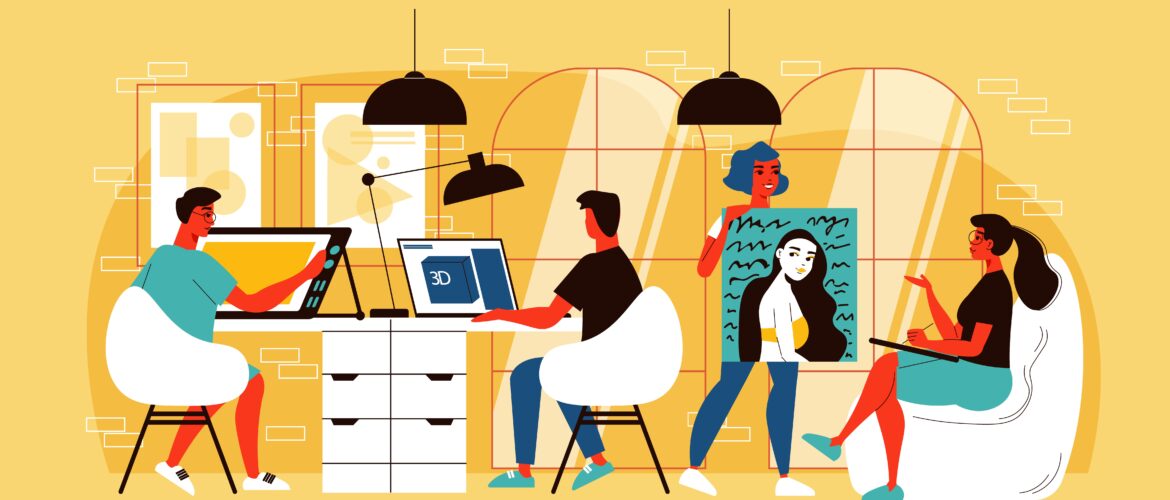 top creative agency in delhi ncr team working on design, illustration, and 3D creative projects in a modern studio