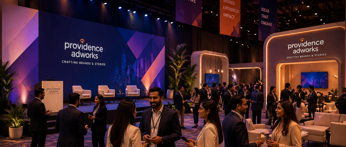 best event and fabrication company in gurgaon hosting a premium corporate event with branded stage setup, networking guests, and immersive venue design in delhi ncr