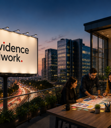 Creative team working on brand strategy with outdoor advertising display by one of the Famous branding agencies in Gurgaon