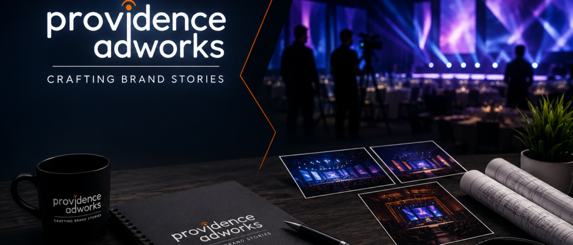 Creative corporate event management setup with modern stage lighting, event planning visuals, and branding elements by Providence Adwork.