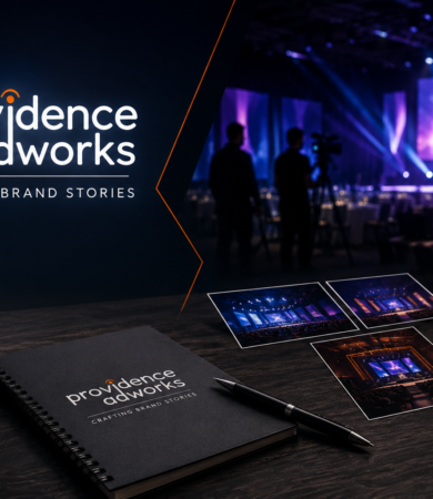 Creative corporate event management setup with modern stage lighting, event planning visuals, and branding elements by Providence Adwork.