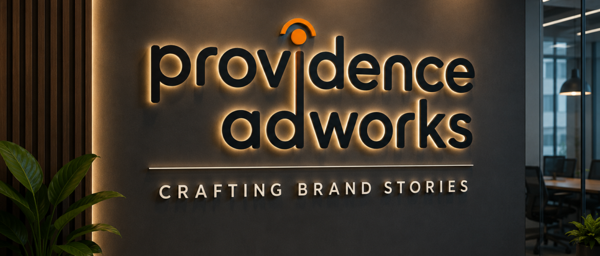 Affordable signage solutions for offices with modern 3D illuminated Providence Adworks office signage installation in Delhi NCR.