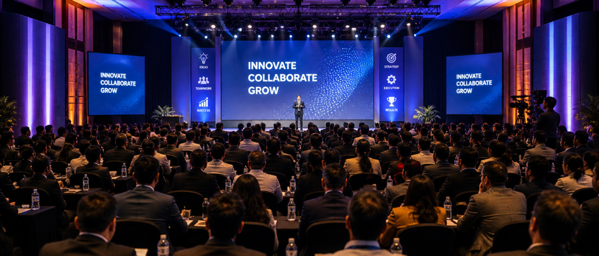 Corporate conference event with large audience, stage lighting, and keynote speaker presentation
