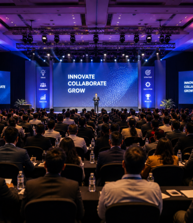 Corporate conference event with large audience, stage lighting, and keynote speaker presentation