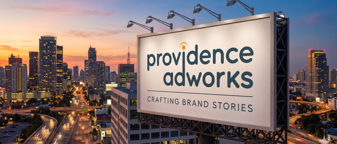 Large outdoor billboard showcasing Providence Adworks in a modern city skyline, representing the Best outdoor advertising agency in India.