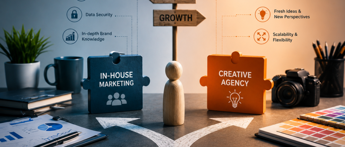 Professional comparison between in-house marketing and the Best creative agency in Gurgaon showing business growth, strategy, branding, and creative expertise.