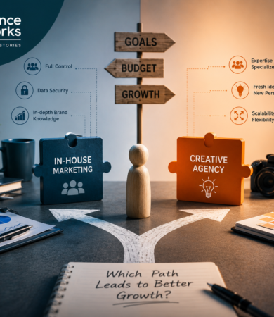 Professional comparison between in-house marketing and the Best creative agency in Gurgaon showing business growth, strategy, branding, and creative expertise.