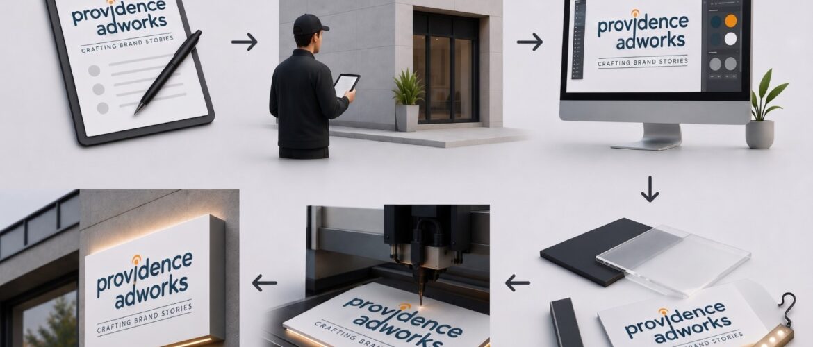 Best signage design company in Gurgaon showcasing the complete signage design process from client briefing and site survey to design, fabrication, and final installation by Providence Adworks.