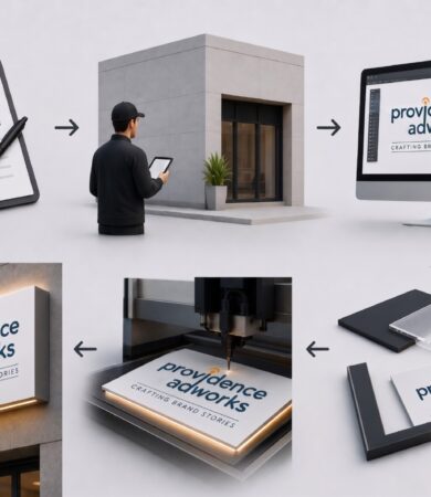 Best signage design company in Gurgaon showcasing the complete signage design process from client briefing and site survey to design, fabrication, and final installation by Providence Adworks.