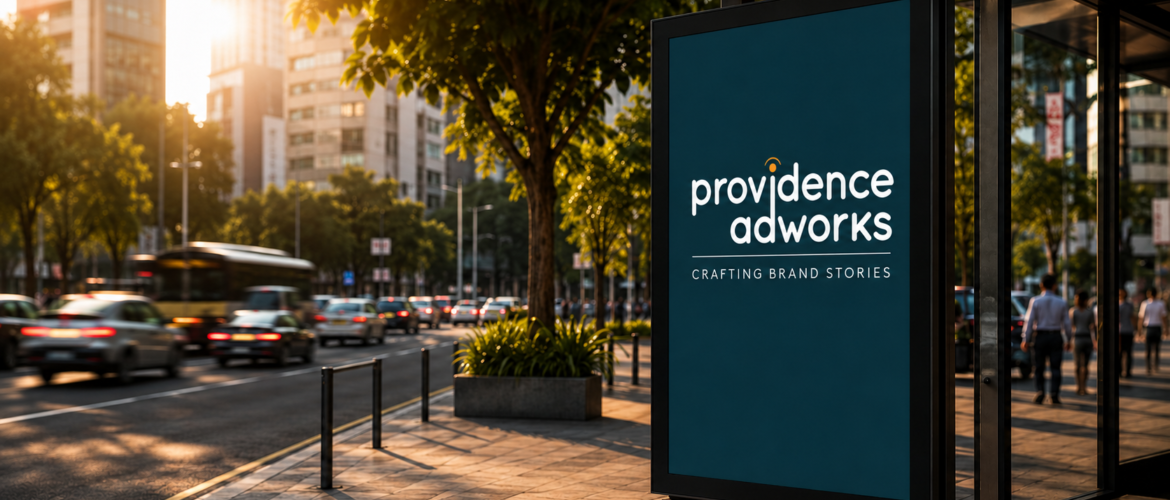 Best outdoor agency in Gurgaon showcasing Providence Adworks outdoor advertising at a modern bus shelter